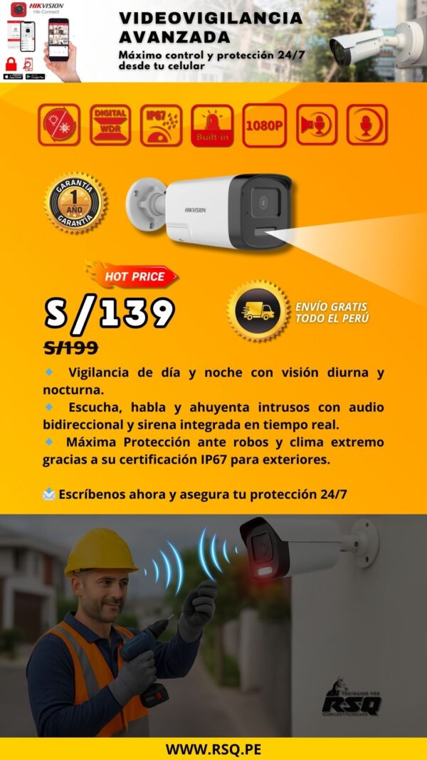 Cámara Bullet HD 1080p para Exteriores con Visión Nocturna c/ Audio 2 Vías y Sirena - Imagen 4